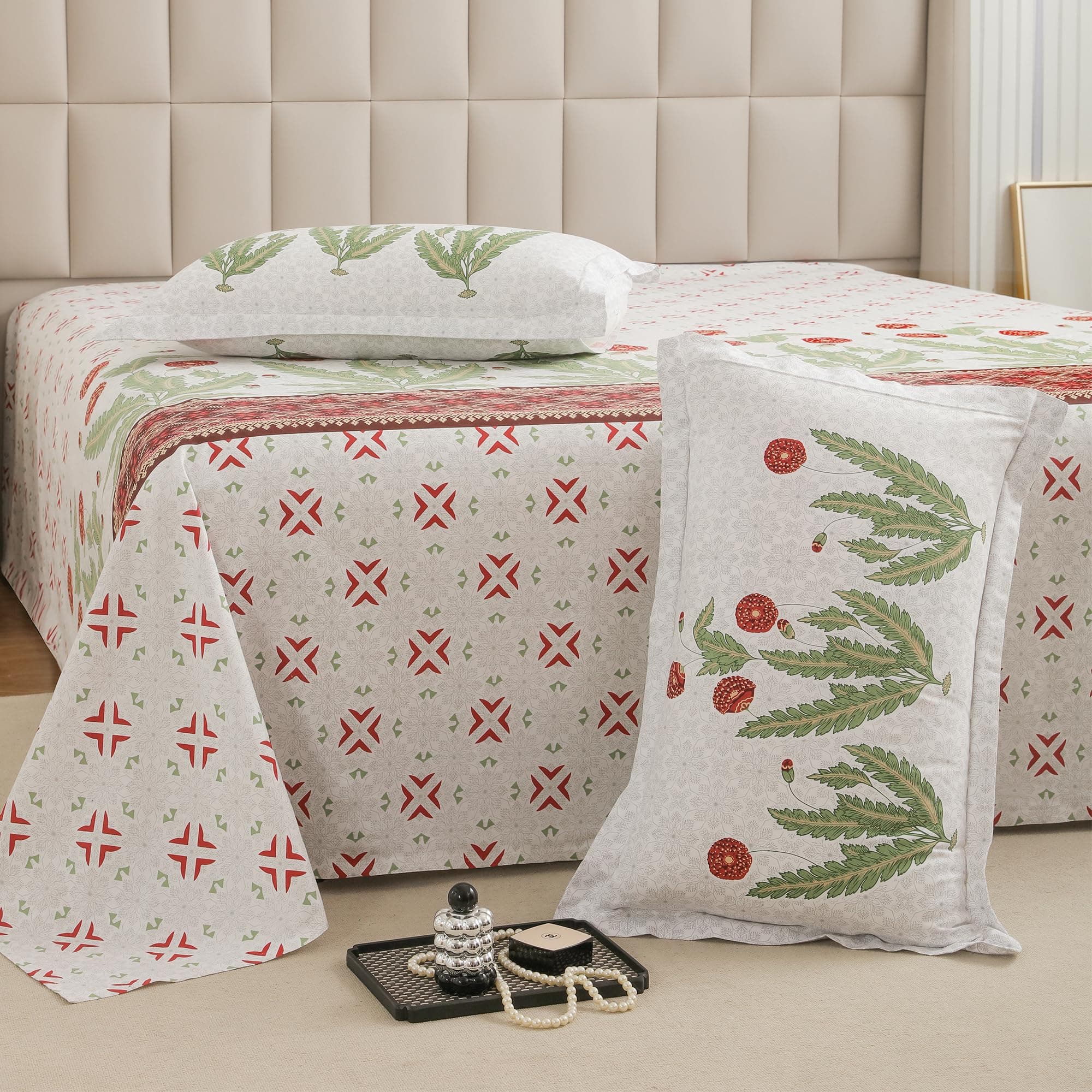 Story@Home Bedsheet For Double Bed King Size 260 TC White & Brick Red, Motif Design, 1 Piece Cotton Bedsheets King Size Bed | 2 Pillow Covers (270 X270Cm) Perfect For Home Decor | 100% Cotton Bedsheet