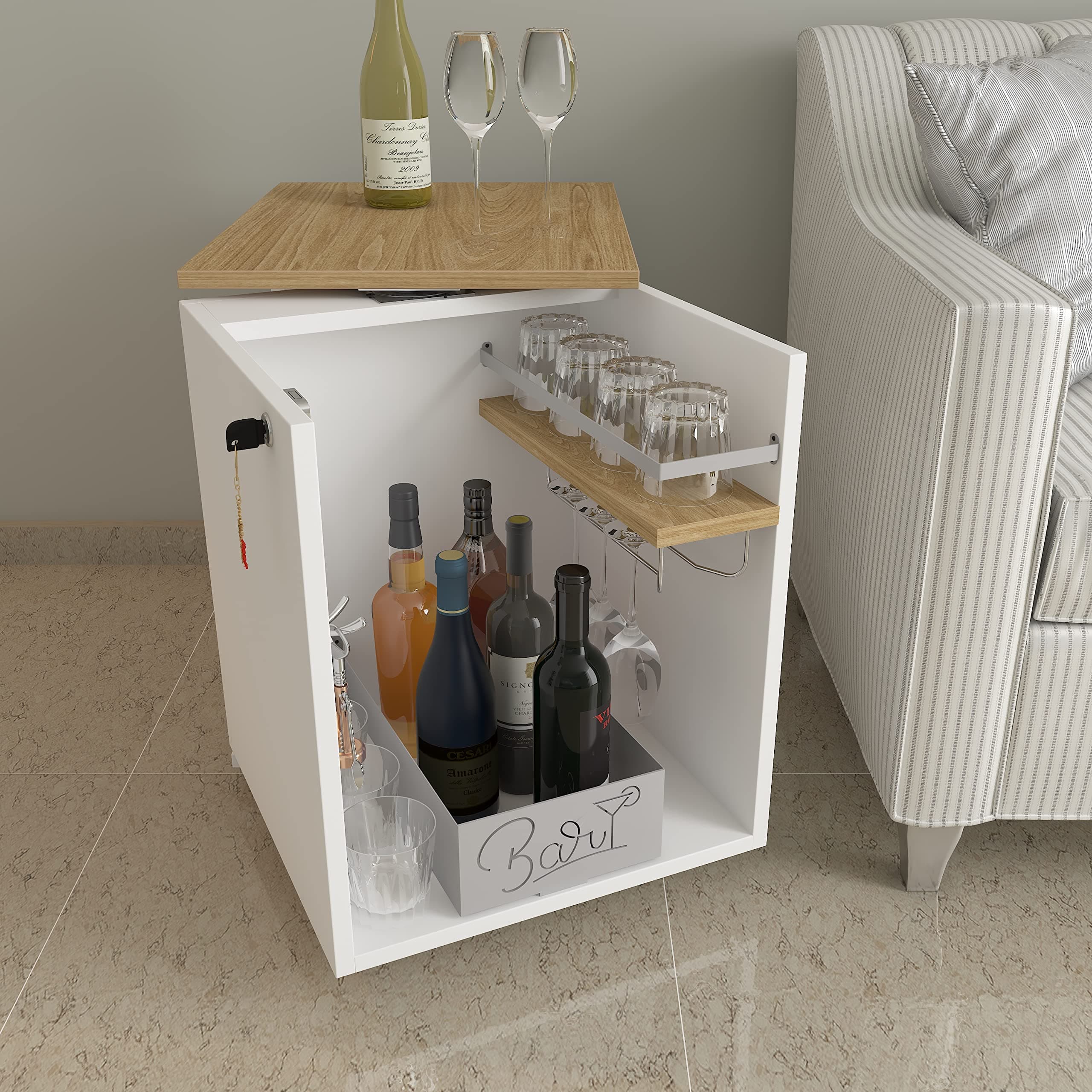 Studio Kook Classic Mini Bar - 360° Revolving Wooden Home Bar Cabinet with Lock, Stainless Steel Glass Holder, Delivered Preassembled (White)