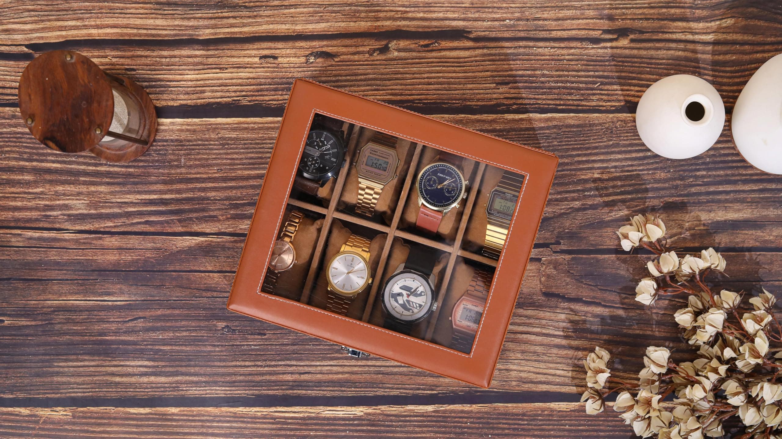 Leather World Faux Leather Watch Box Organizer - For Men & Women - Wrist Watch Box Holder 8 Slots - Removable Watch Pillows Display Case - Gift for Loved Ones – Tan