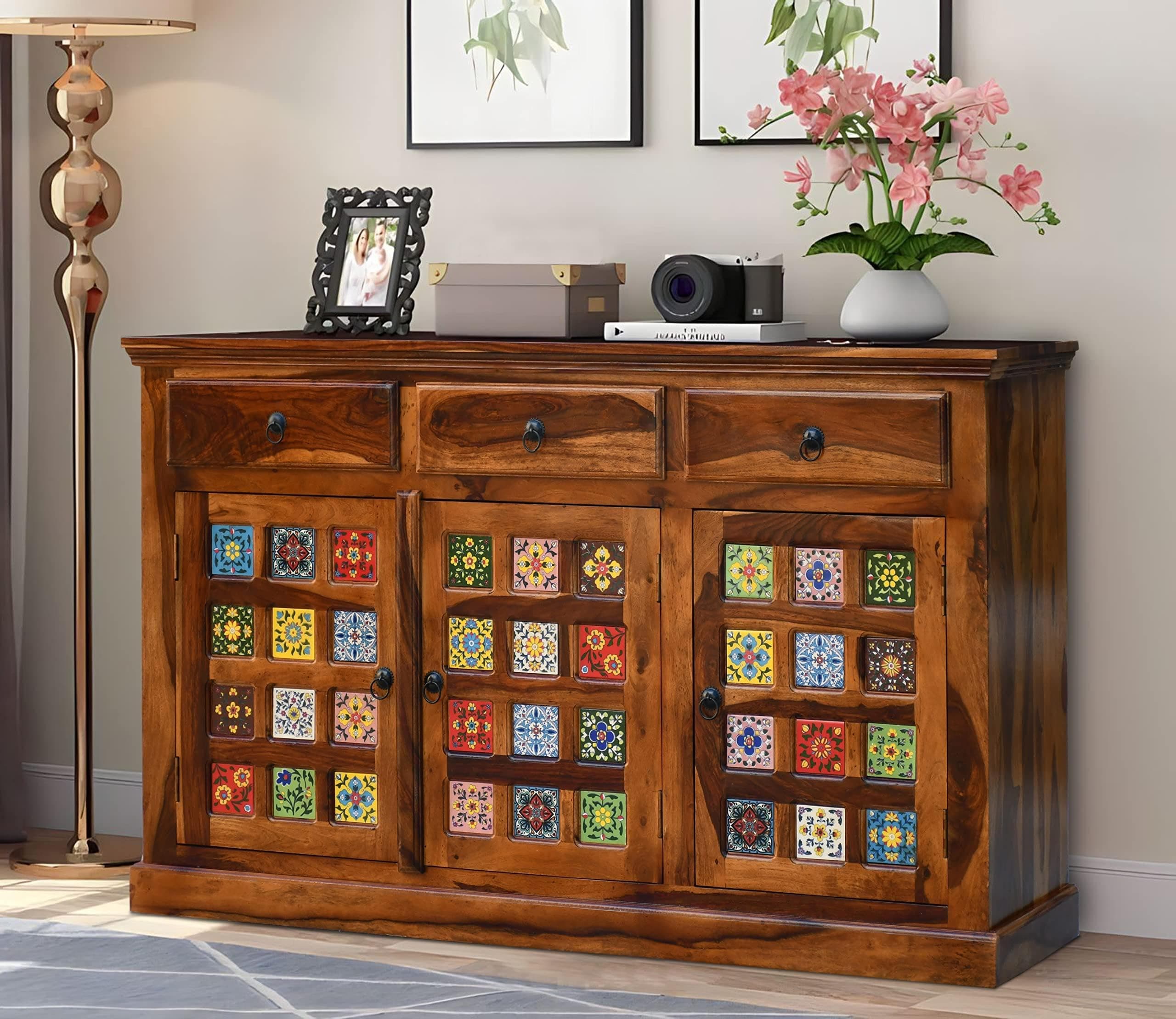 SONA ART & CRAFTS Solid Sheesham Wood Sideboard Cabinet Storage 3 Door & 3 Drawer Cabinet for Home Kitchen Living Room Cabinets Hallway Dinning Room (Tile - Honey Finish)