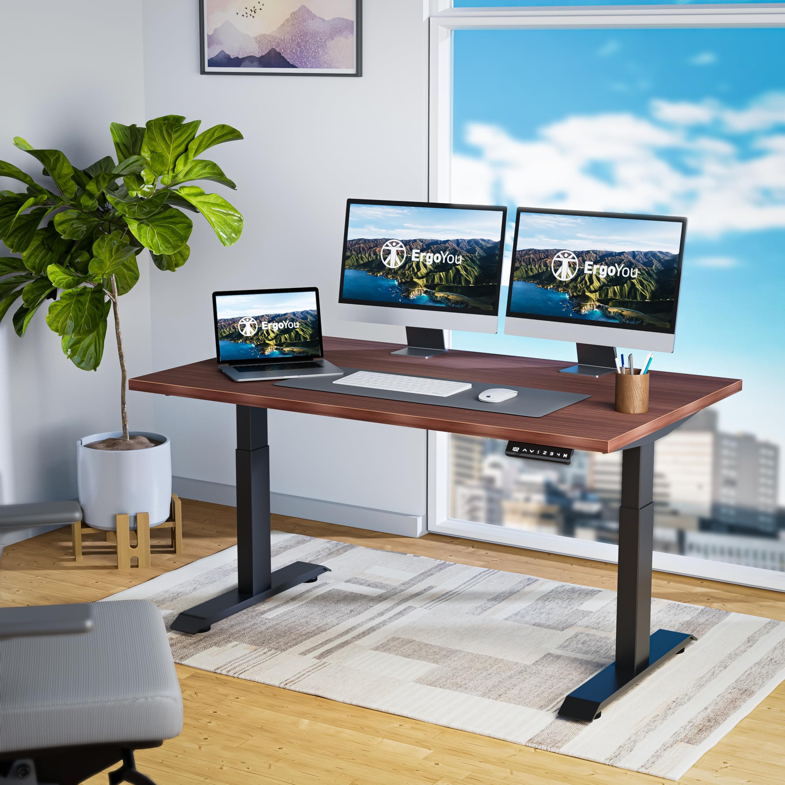 ErgoYou - Electric Height Adjustable Laminated Standing Table - Heavy Duty - Dual Motor 2 Stage - 150 Kgs Max Weight Capacity - E2 Series Black - Ergonomic Sit Stand Desk (Walnut: 47 X 23.5 Inches)