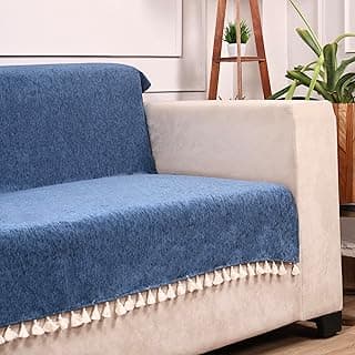 STITCHNEST Blue Chenille Sofa Cover 70x60 Inch – Soft, Durable & Textured Fabric with Tassels | Full Coverage Sofa for Living Room, Bedroom, or Drawing Room