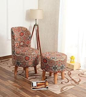 NACIA Velvet Printed Ottoman Chair with Stool Combo | Dressing Table Chair for Bedroom Makeup Room Decor | Modern Upholstered Ottoman with Wooden Legs for Living Room & Home (18x18x32 Inches, Octa)