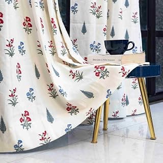 Urban Space Flowers 100% Cotton Curtains 5 Feet for Window, 60-65% Light-Filtering Decorative Curtains Set of 2 with Stainless Steel Rings and TieBack (High GardenRed, Window)
