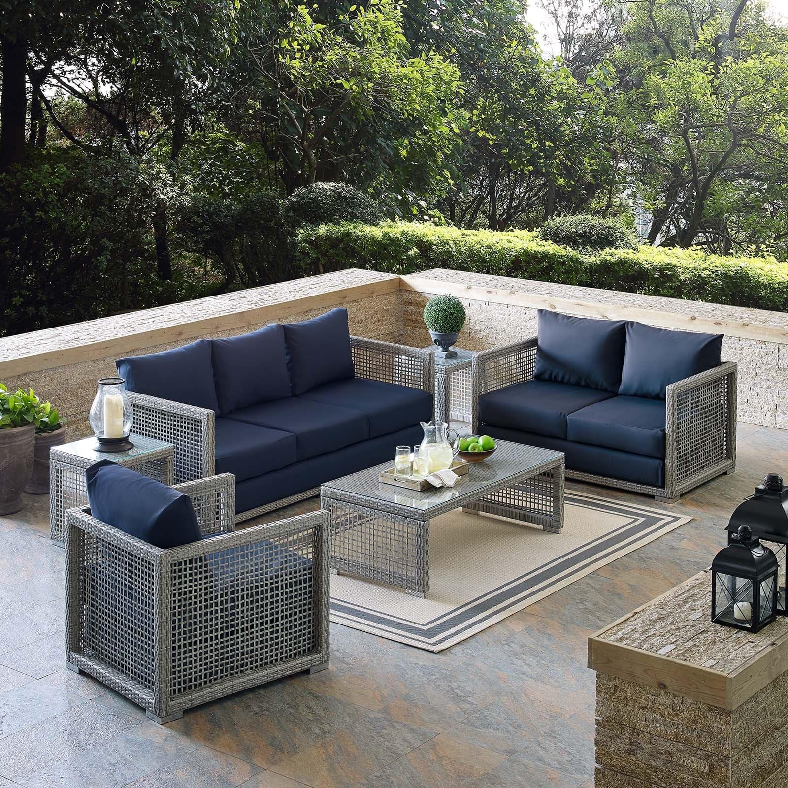 DEVOKO Outdoor Wicker Woven 6 Pieces Sectional Patio Furniture, All Weather Conversation Sofa Set with Thick Cushions for Courtyards, Pools, Balcony (Grey and Navy Blue)