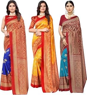Yashika Women's Combo Art Silk Saree with Blouse Piece-Pack of 3 Royal Blue-MINALI Mustard-Metro RAMA RYL Multicolor-12