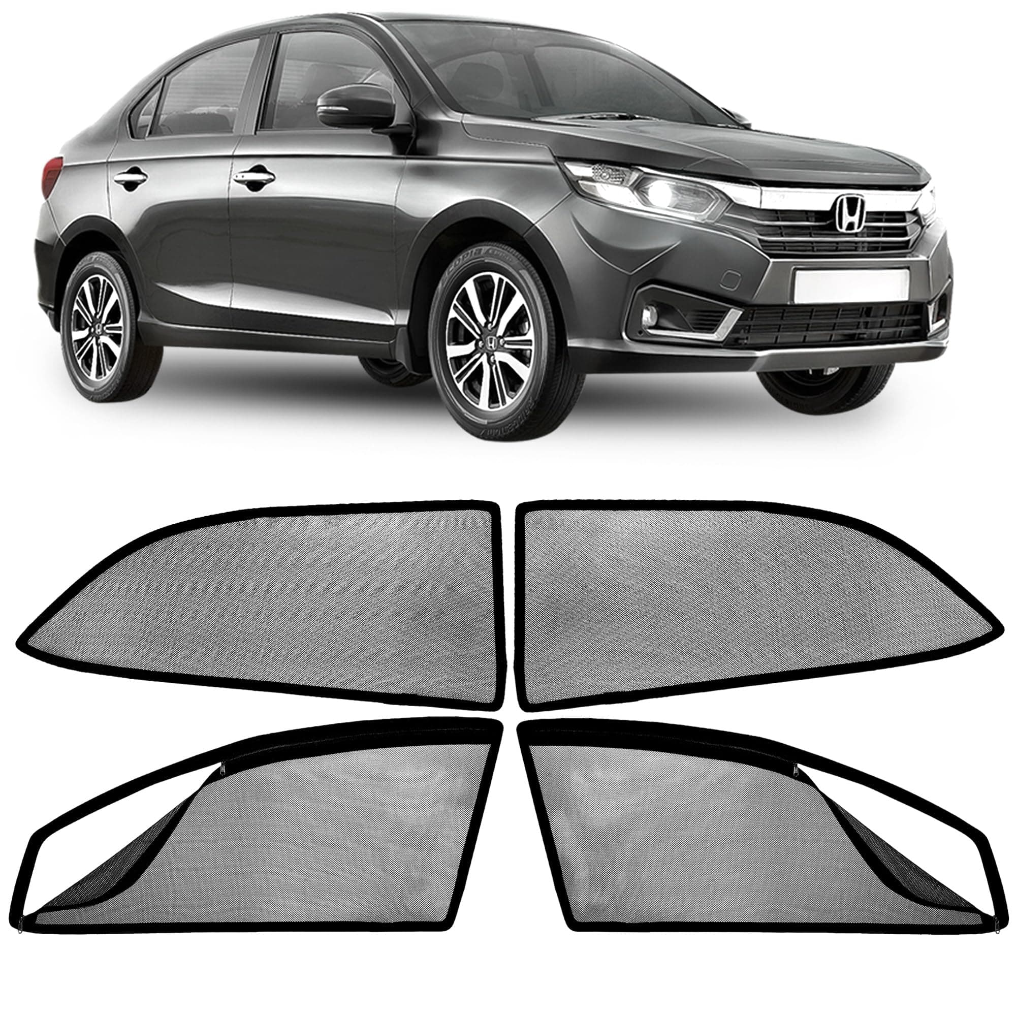 Autofact Magnetic Car Sunshades Compatible with Honda Amaze (2018 to 2024) (Set of 4) – Easy Installation, UV Protection, Keeps Car Cool (Front 2 with Zippers, Rear 2 Without Zippers)