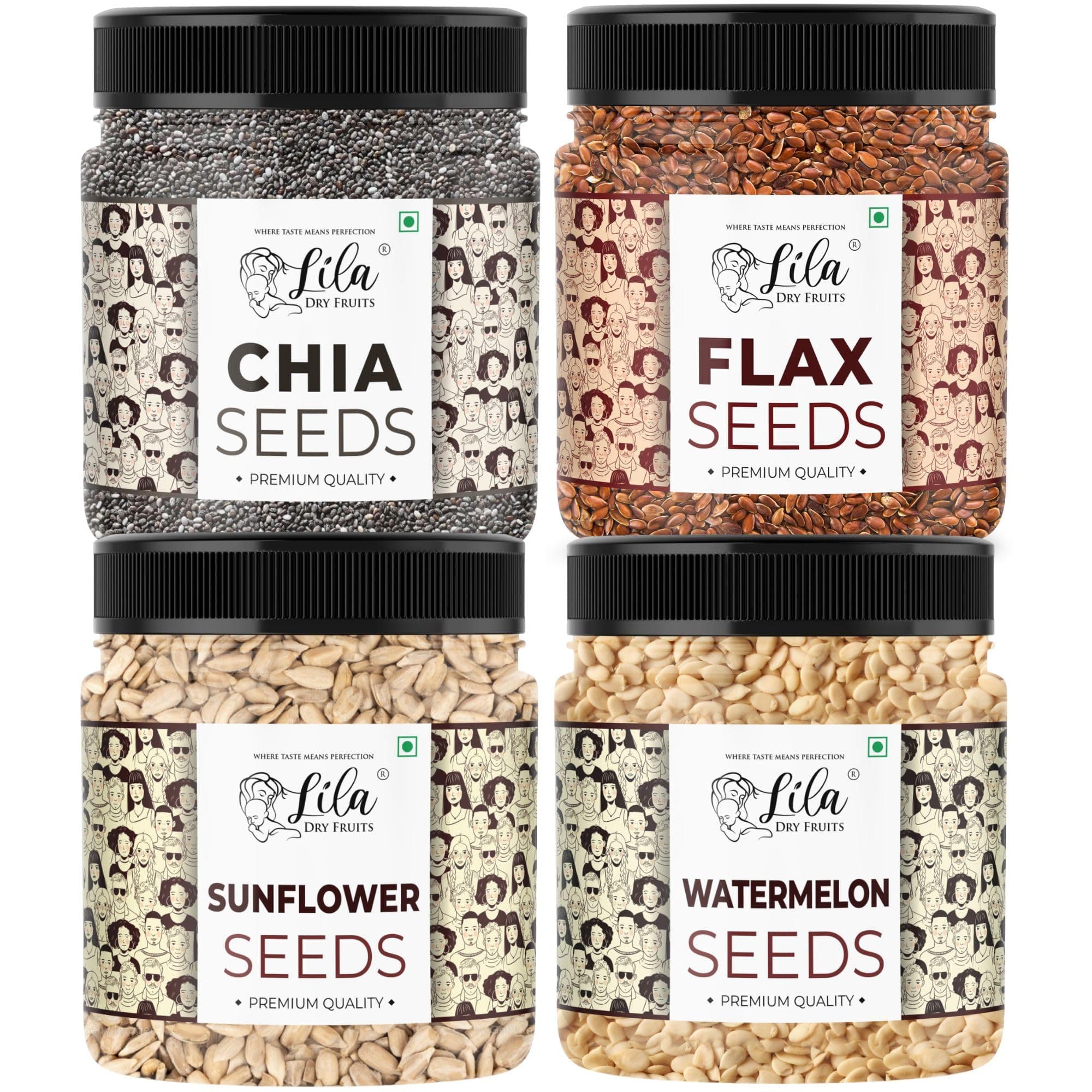 LILA DRY FRUITS Seeds Combo Chia, Flax, Sunflower & Watermelon Seeds 250 Gms Each | 100% Natural, Gluten-Free Healthy Seeds for Eating | High in Fiber & Protein | Perfect for Gifting | 1 KG