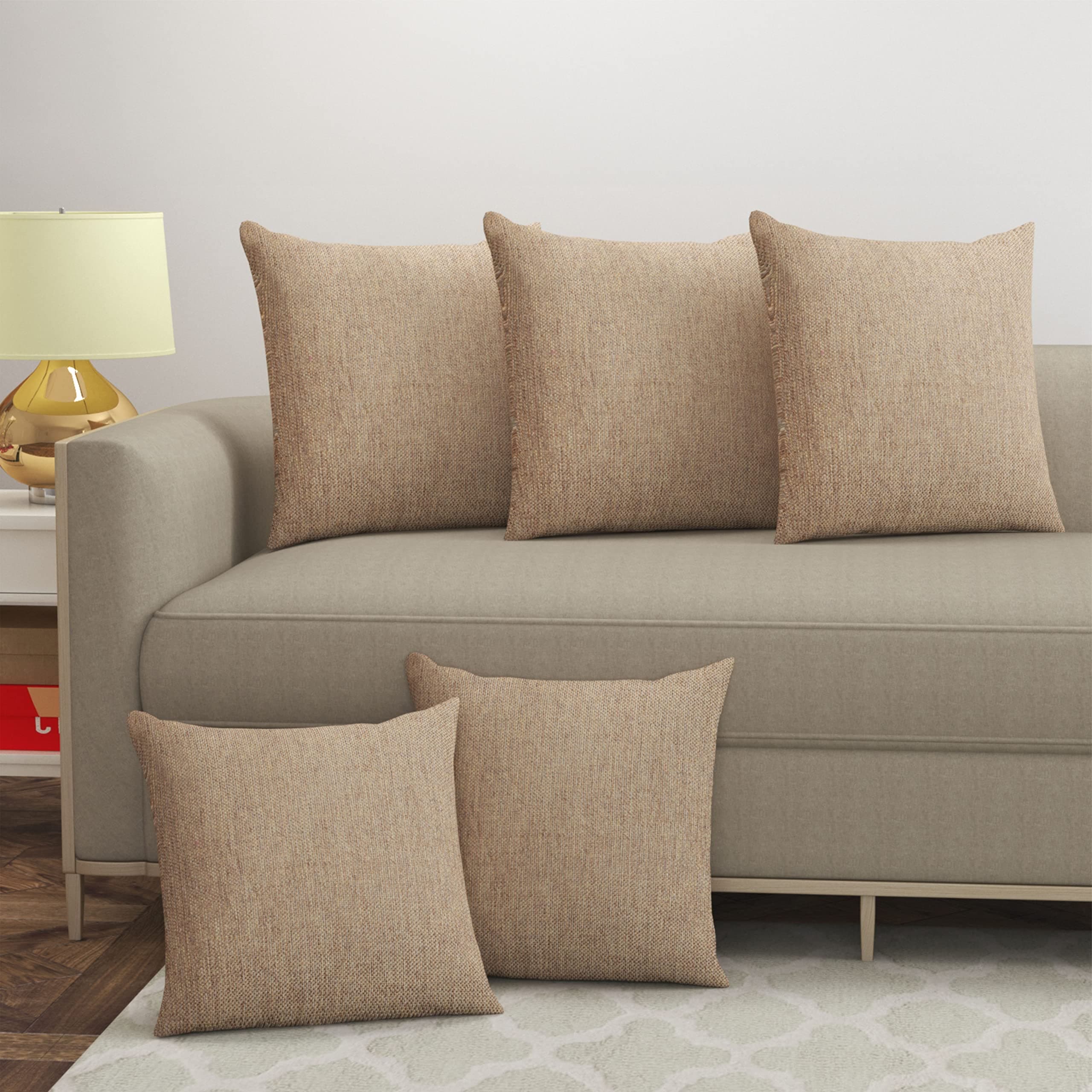 Yellow Weaves Jute Texture Cushion Covers, 12 X 12 Inches, Beige, Set of 5, 250 TC