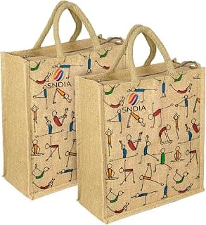 SNDIA Pack of 2 Eco Friendly Reusable Jute Bag, Yoga Printed Jute Bag, Grocery Shopping Bag, Multi-Purpose Bag, Jute Lunch Bag, Sturdy Handle with Zipper Lock (33 * 29 * 12cm)