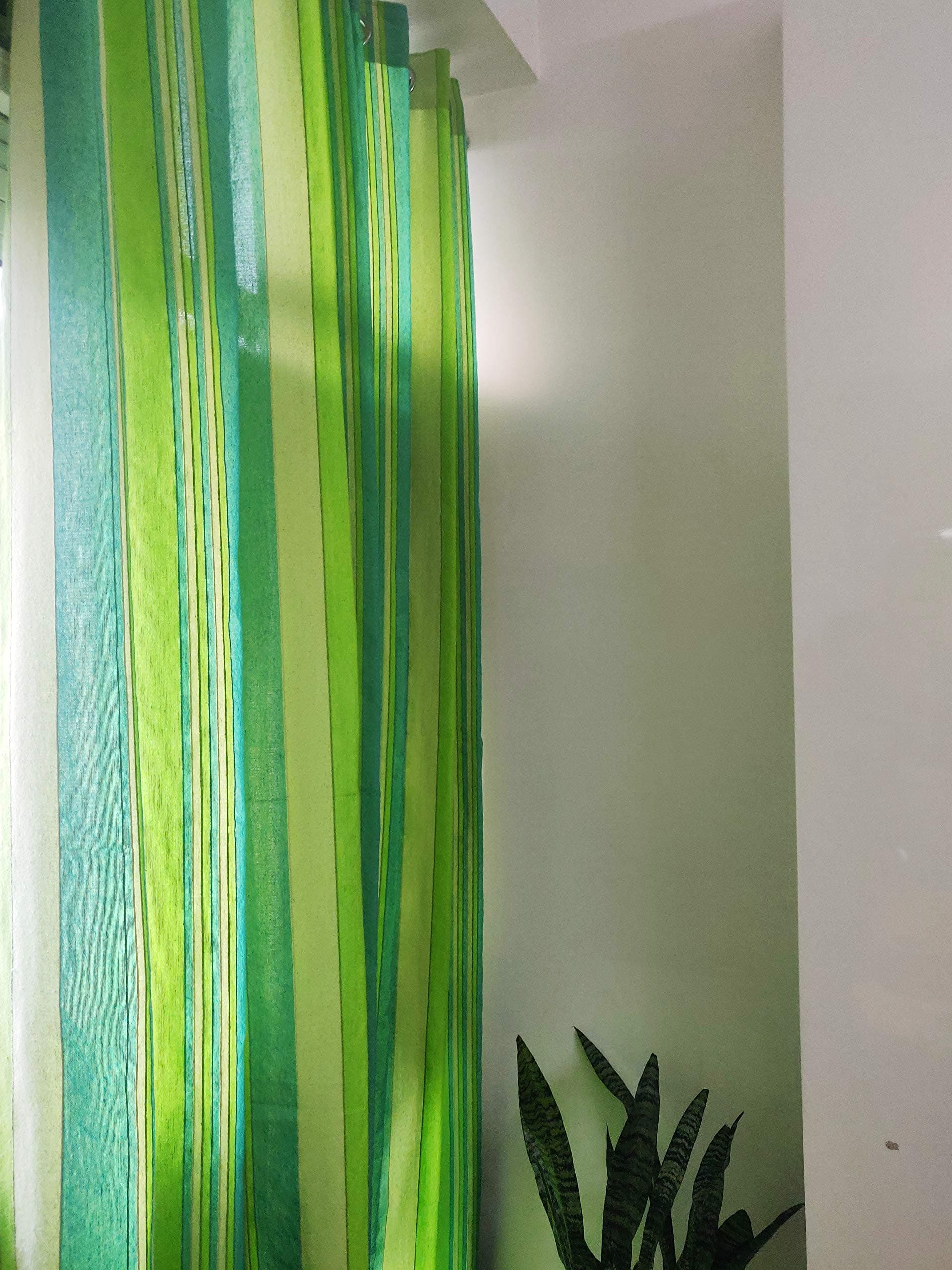RANGBHAR Cotton Window Curtains | 5 Feet Long Set of 2 | Pure Handloom Light Filtering Fabric | Eyelet Curtains for Living Room & Bedroom | Striped Green