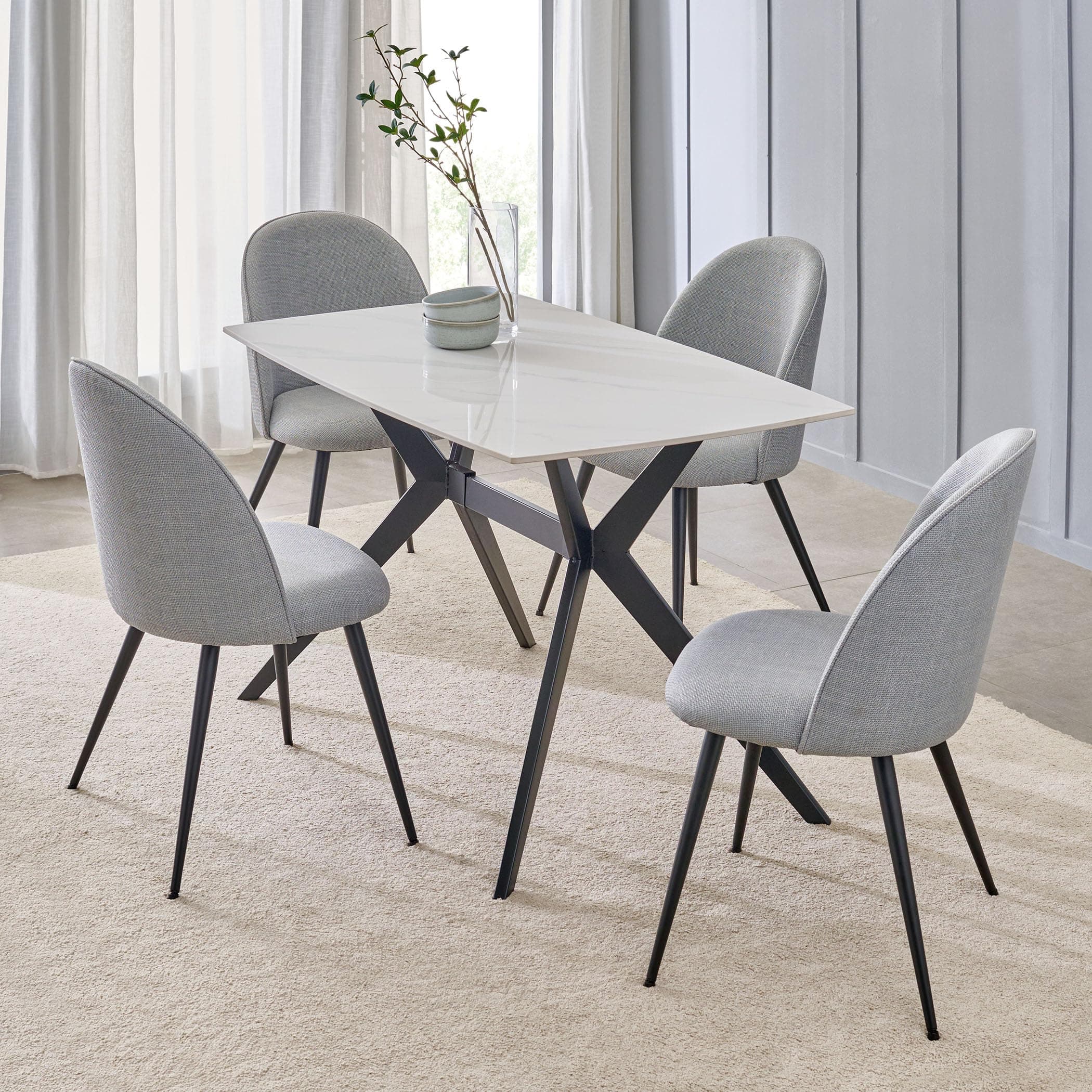 Home Centre | Rika 4-Seater Dining Set with Chairs | Fabric | Sintered Stone Top | White and Grey | 1 Year Warranty