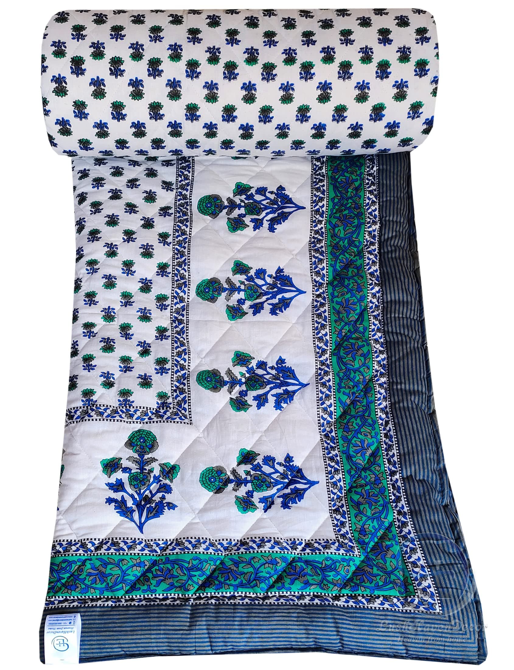 LushHavenDecor Jaipuri Razai Double Bed Computerized Quilting Soft and Breathable Cotton Comforter Quilt Rajai Blanket Dohar Size 85X100 inch Blue Pack of 1, TC - 320