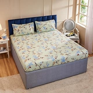 Amazon Brand - Solimo Fitted Double Bedsheet with 2 Pillow Covers | 144 TC Cotton | Wrinkle Resistant (Minty Blossom)