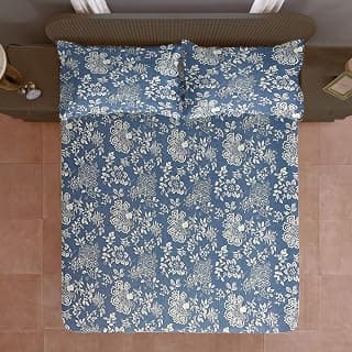 Swayam Cotton Blend Double Bedsheet with 2 Pillow Covers | Size 90 x 100 inch | 200 TC | Floral Design | Soft Breathable Bed Sheet | Comfortable & Durable for Bedroom - Blue