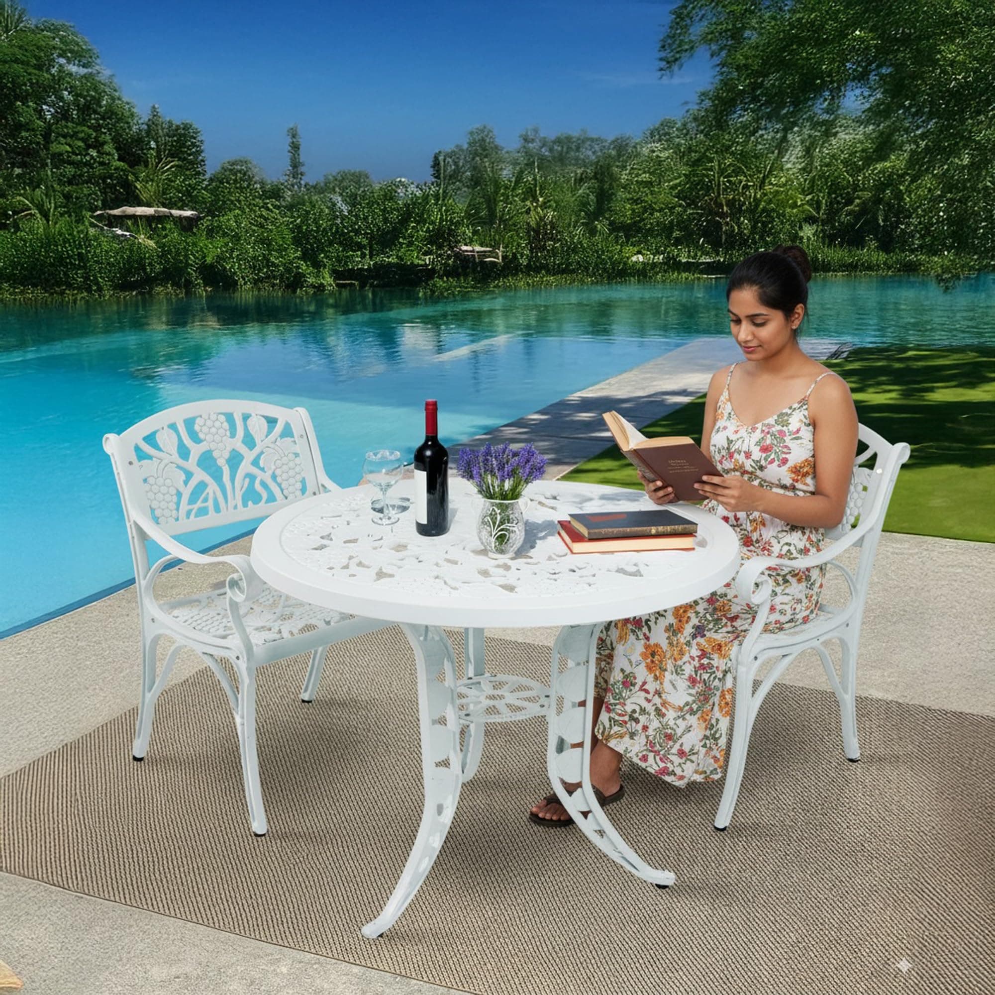 DEVOKO Outdoor 3-Piece Cast Aluminum Patio Bistro Set, UV & Water-Resistant Furniture for Garden, Deck, Lawn, Poolside & Terrace (White)