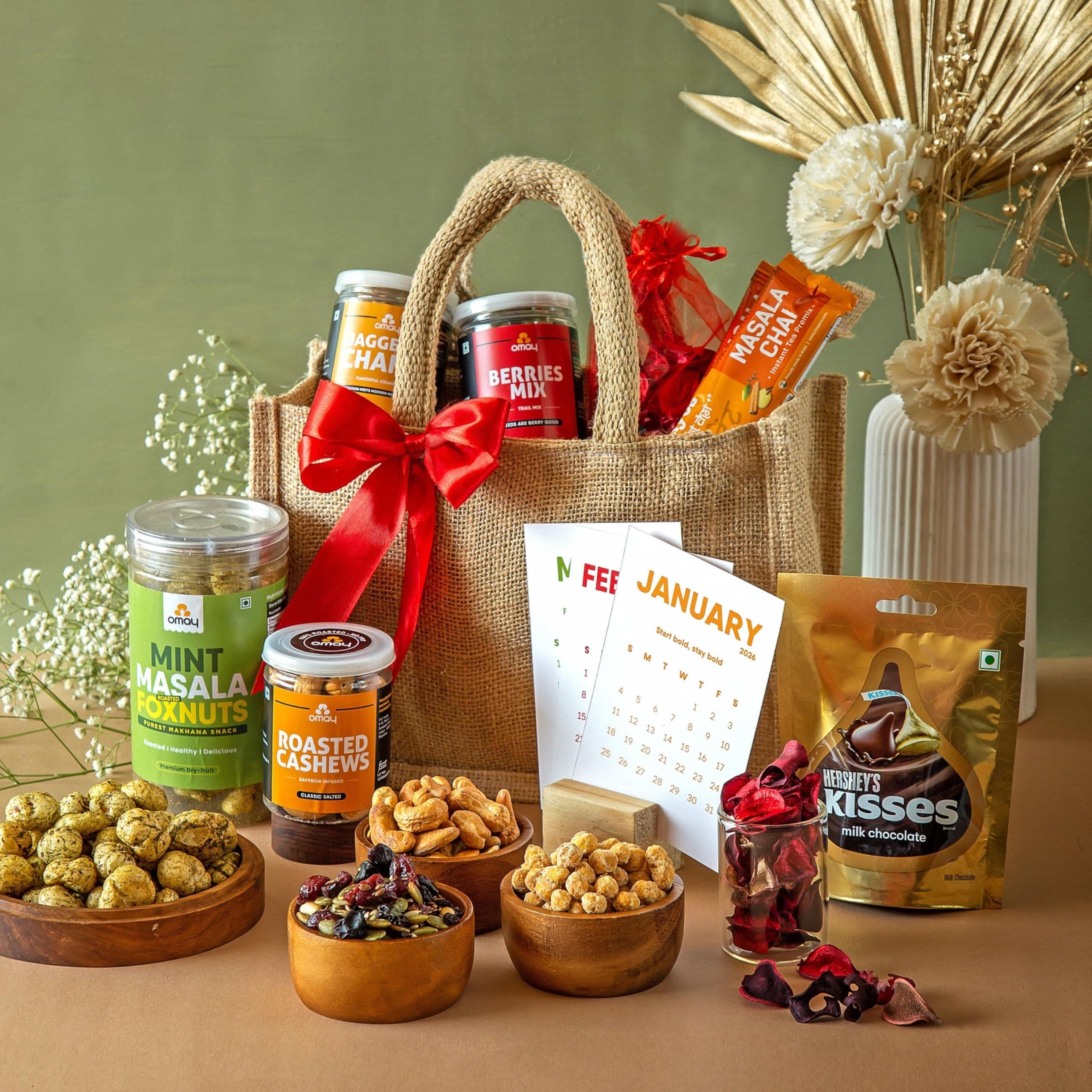 Omay Foods 11_Pcs The Good Vibes Jute Bag I Gifts for Employees, Clients I Healthy Gift Box I Corporate Gift Pack I Healthy snacks, Dry fruits, nuts I Roasted Snacks I Premium Gift Pack