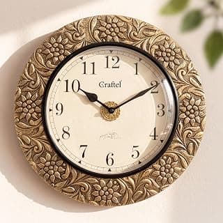 CRAFTEL 12 Inch Antique Brass Embossed Wall Clock for Home | Premium Aluminum Dial | Vintage Floral Design | Decorative Clock for Living Room & Office (1-Year Warranty)