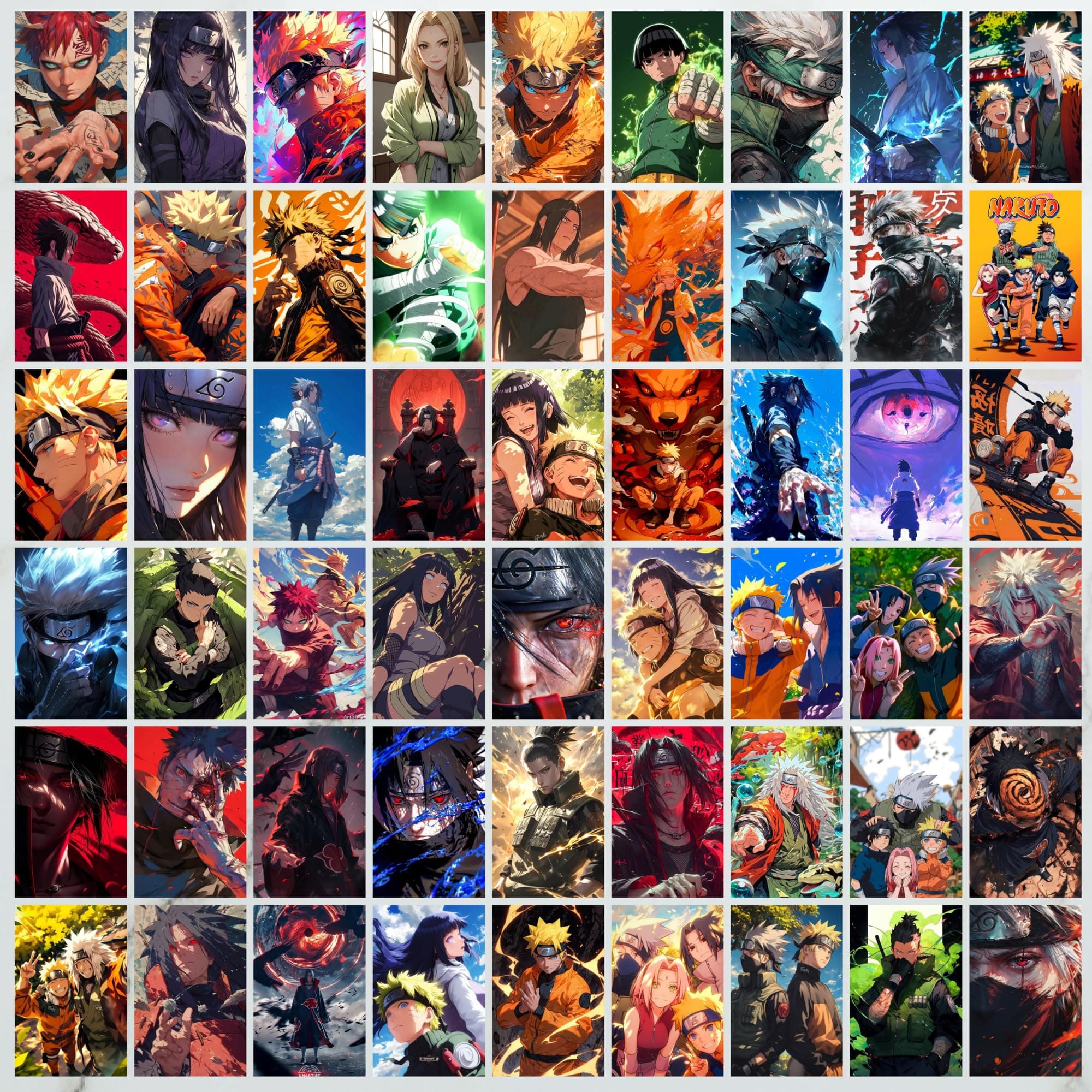 Naruto Anime Mini Posters Collage Set of 54 (4x6 Inches, Frameless) | Anime Portrait Art Prints | Naruto, Sasuke, Kakashi, Itachi, Gaara, Akatsuki, Jinchuriki | Room Decor for Fans