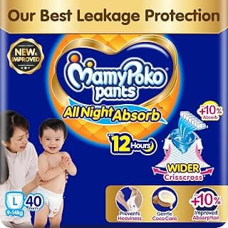 New Mamypoko Pants Premium All Night Absorb| Pant Style Baby Diapers Large Size(L), 40 Count, Ideal for 9-14Kgs|1 Diaper= Upto All Night Absorption now with 10% increased power|Wider Crisscross Sheet|Gentle Coco Care| 12hr Leakage Protection| Prevents Heaviness.