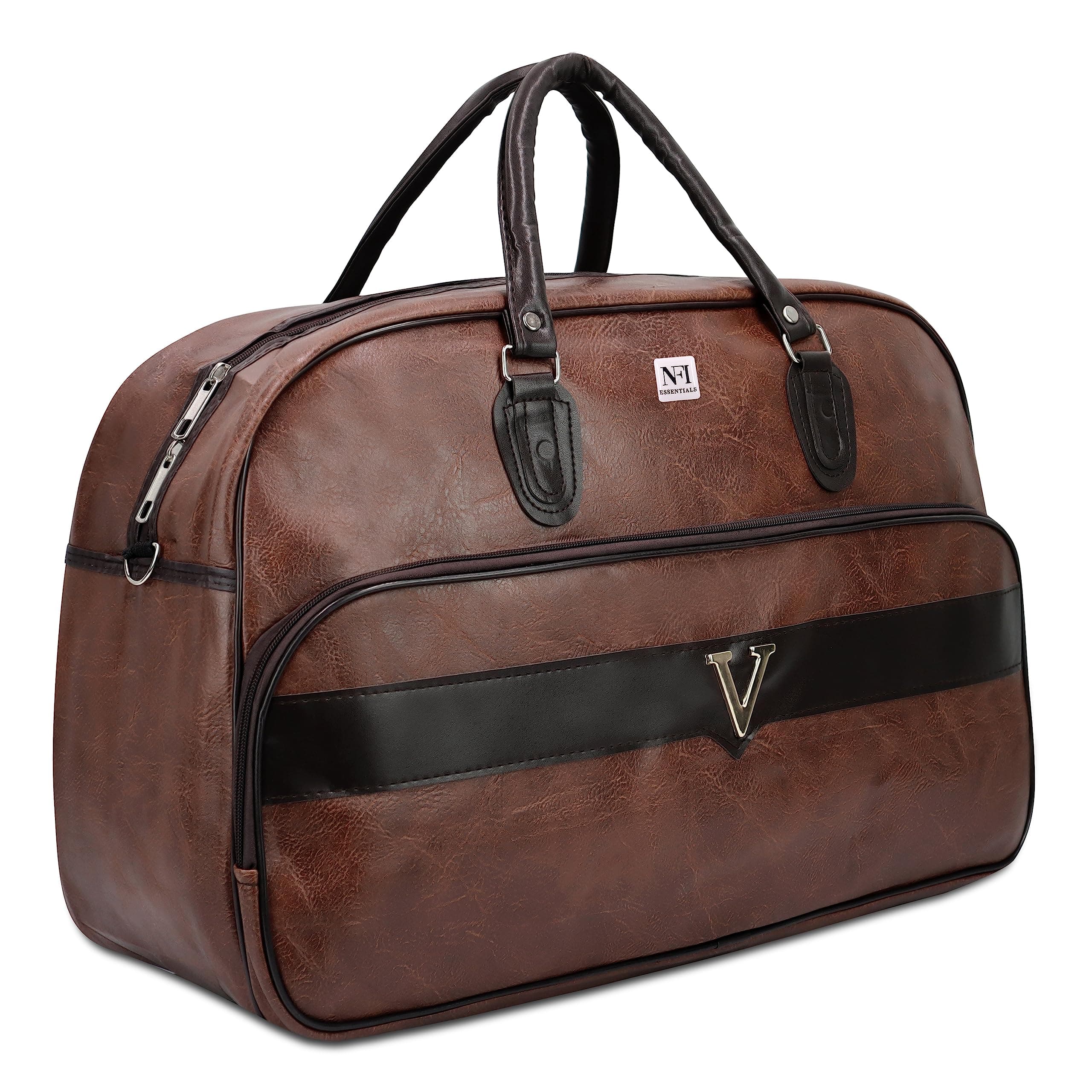 NFI essentials Large Leather 20 Inch Duffle Bag for Travel Men and Women's Luaggage Duffel Bags Stylish Ideal Cabin Bag Weekender Bag for Travelling Overnight Carry Bag, Brown