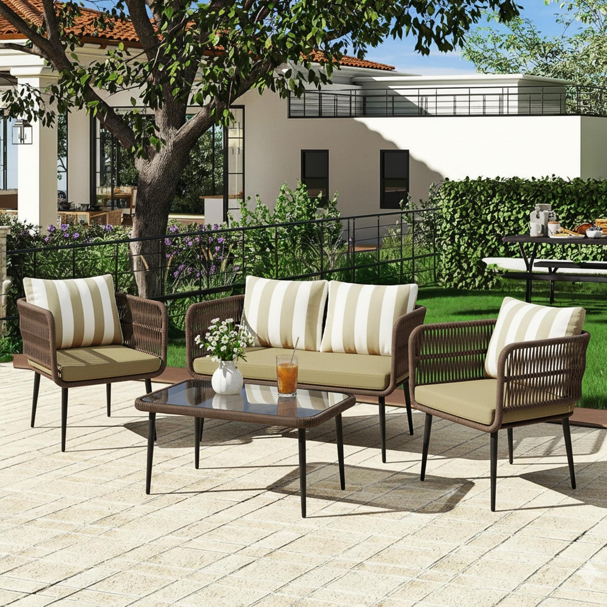 DEVOKO Arden Outdoor Rope 4-Seater Sofa Set with Glass Top Table & Water-Resistant Cushions, Durable Metal Frame, Handwoven Rope Furniture for Garden, Patio, Pool Deck & Balcony (Brown & Dark Cream)