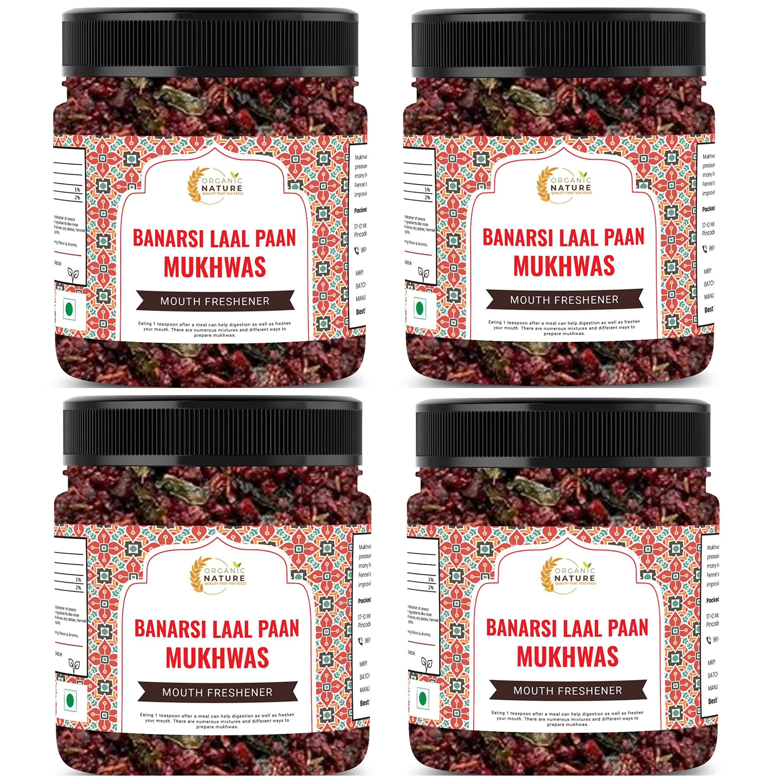 Organic Nature Banarasi Laal Paan Mukhwas [Mouth Freshener, Digestive, After-Meal Snack] [Jar Pack] (1200 Grams (Pack of 4 of 300 Grams))