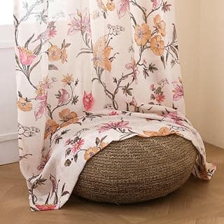 Story@Home Door Curtains 7 Feet Long Set of 1 | Floral Printed | Semi Transparent Curtain | Net Curtains | Sheer Curtain for Living Room | (118 x 215 cm, Cream & Pink) | Perfect for Home Decor