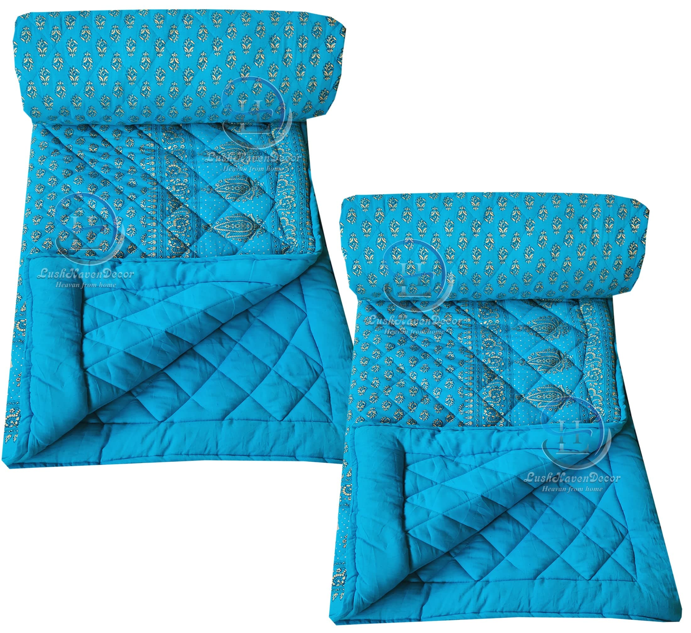 LushHavenDecor Jaipuri Razai Single Bed Gold Print with Computerized Quilting Use as Soft and Breathable Cotton Comforter Quilt Rajai Blanket Dohar Size 55X85 inch Sky Blue Pack of 2