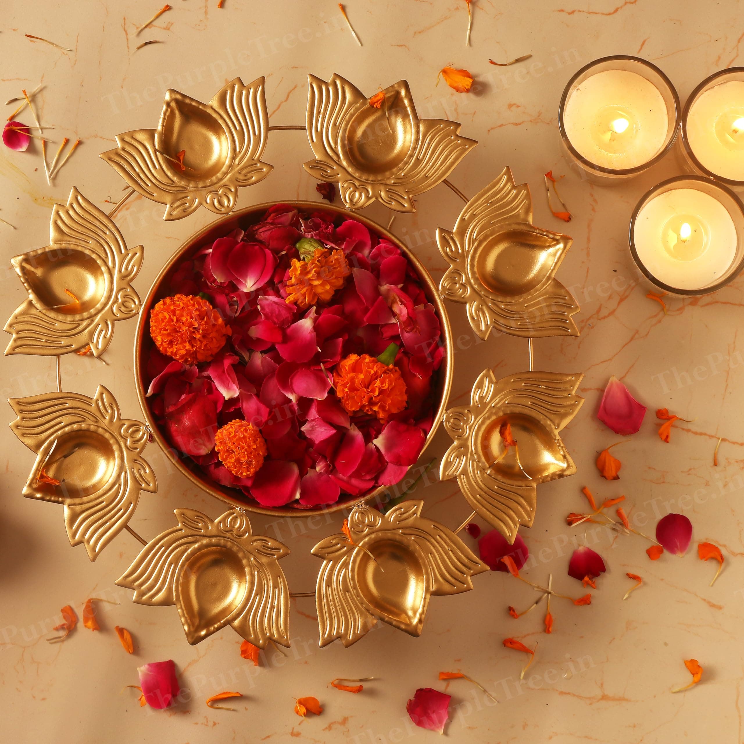 The Purple Tree Beautiful Handcrafted Diya Urli Bowl For Diwali (Pack Of 1) Decorative Bowl For Floating Flowers And Tea Light Candles Home, Traditional Urli Bowl, Diwali Urli, Gift For Diwali, Golden