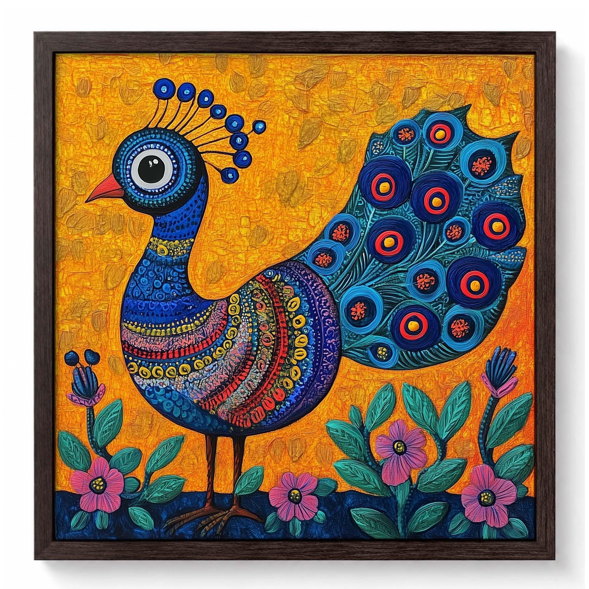 PAPER PAJAMA Peacock Wall Art for Living Room | Vibrant Folk Style Bird Painting | Colorful Nature Decor Framed Wall Art Square Frame (9x9 Inches)