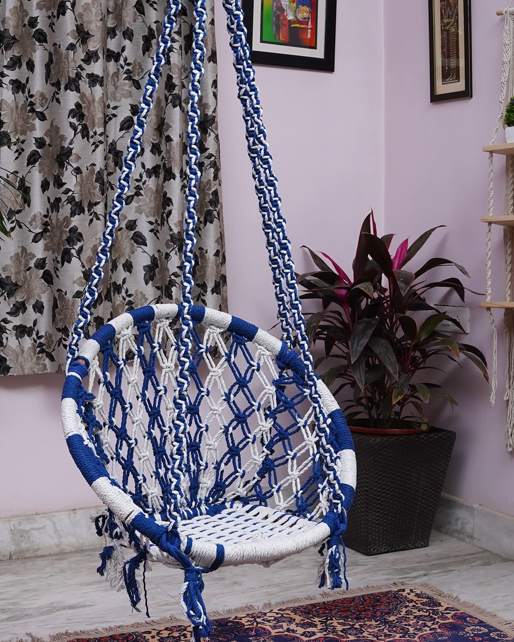 Patiofy Round Cotton Hammock Swing for Adults & Kids/Jhula Swing for Balcony, Indoor, Outdoor, Garden/Capacity Upto 150Kgs/ Includes Hanging Accessories/Handmade Hammock Hanging Swing Chair-White-Blue