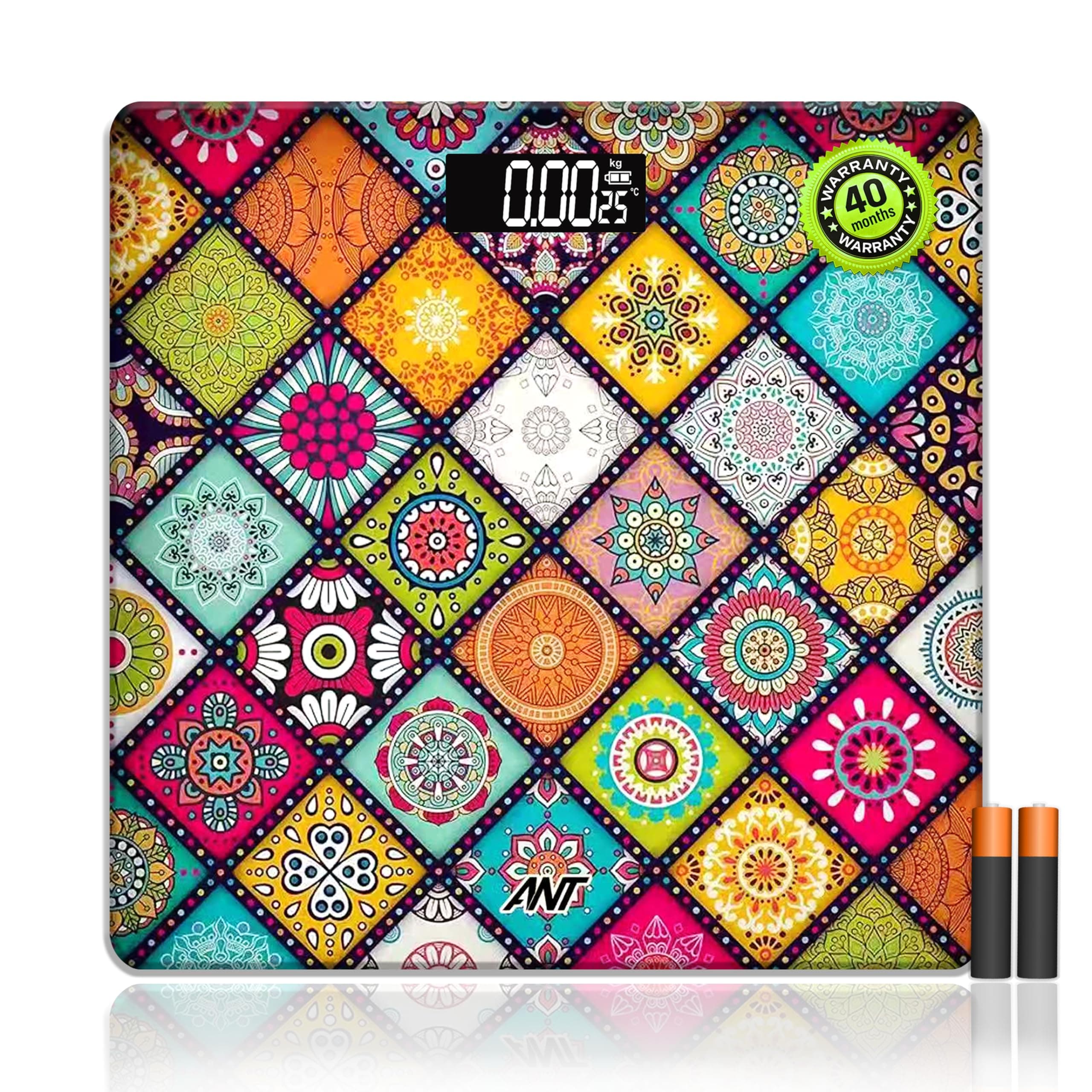 Ant Flora New Mandala Digital Weighing Scale for Body Weight (Up to 180 kg), High Precision Sensors, Tempered Glass, LCD Display, Auto On/Off, Anti-Skid, Personal Fitness Scale with Battery Included