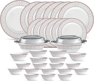 La Opala Diva, Sovrana Collection, Opal Glass Dinner Set 35 pcs, Moroccan Pink, White