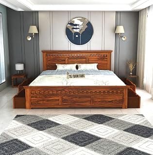 TG Furniture Solid Sheesham Wood King Size Bed with Pullout Storage | Wooden Double Bed with 4 Drawer Storage for Bedroom & Hotel | Platform Cot Bed Palang | 78X72 Inch, Natural Finish