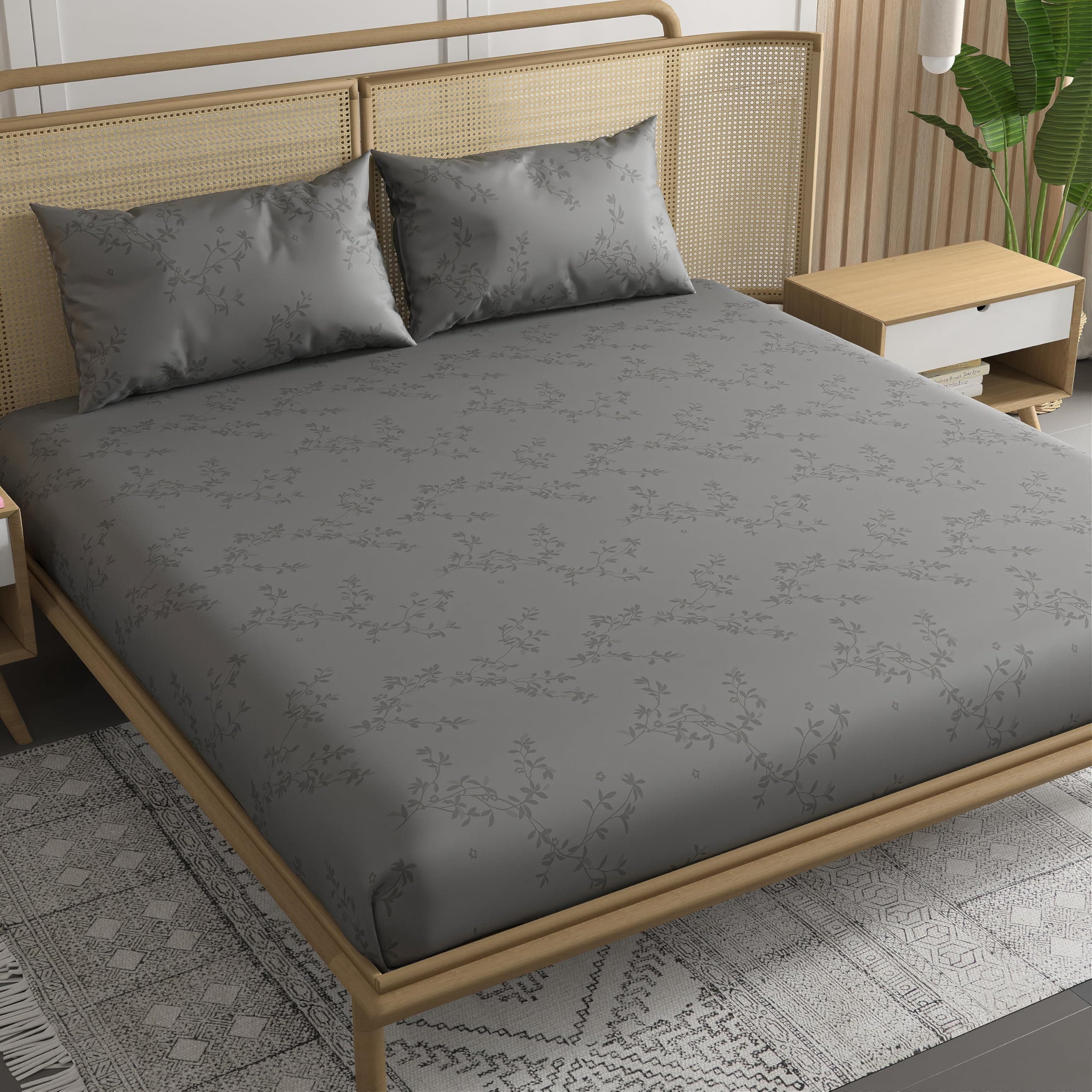 Trance Home Linen 100% Egyptian Cotton300TC Long Staple Jacquard Weave Bed Sheets Flat Bedsheet King Bed Size Flat Bedspread with 2 Pillow Covers (108 x 108 inch, Grey)