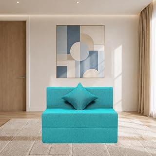 Seventh Heaven Rejioce 1 Seater 6 * 3 Jute Fabric Washable Cover Sofa Cum Bed with 1 Cushion 1 Seater Double Foam Fold Out Sofa Cum Bed (Finish Color - Blue Delivery Condition - Pre-Assembled)