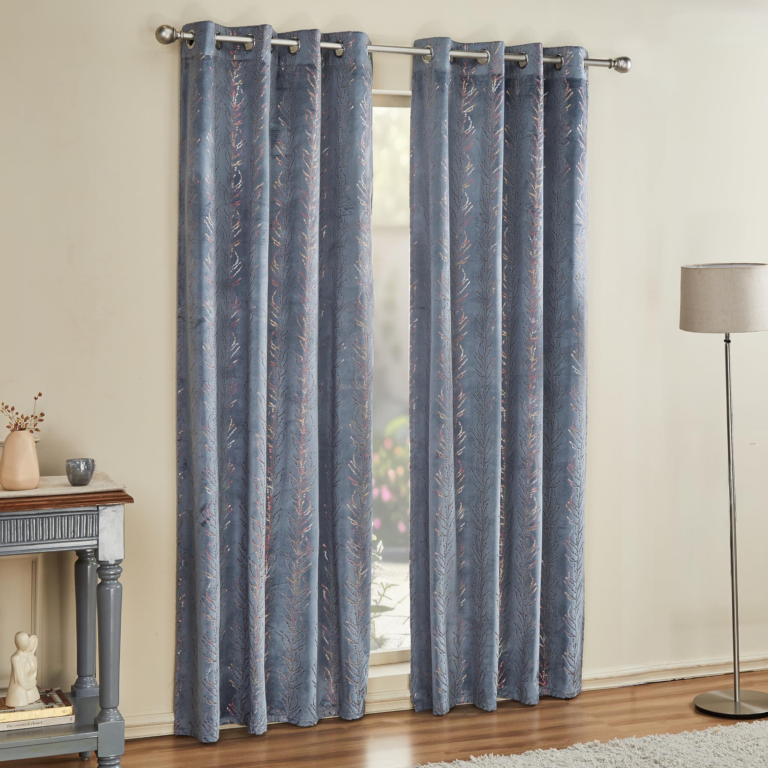 Amazon Brand - Solimo Polyester 75% Blackout Velvet Foil Long Door Curtains|Blackout Door Curtains|9 Feet |Set of 2|Leaf Print Design |for Living Room Kids Room and Bedroom |Grey|Light-Filtering
