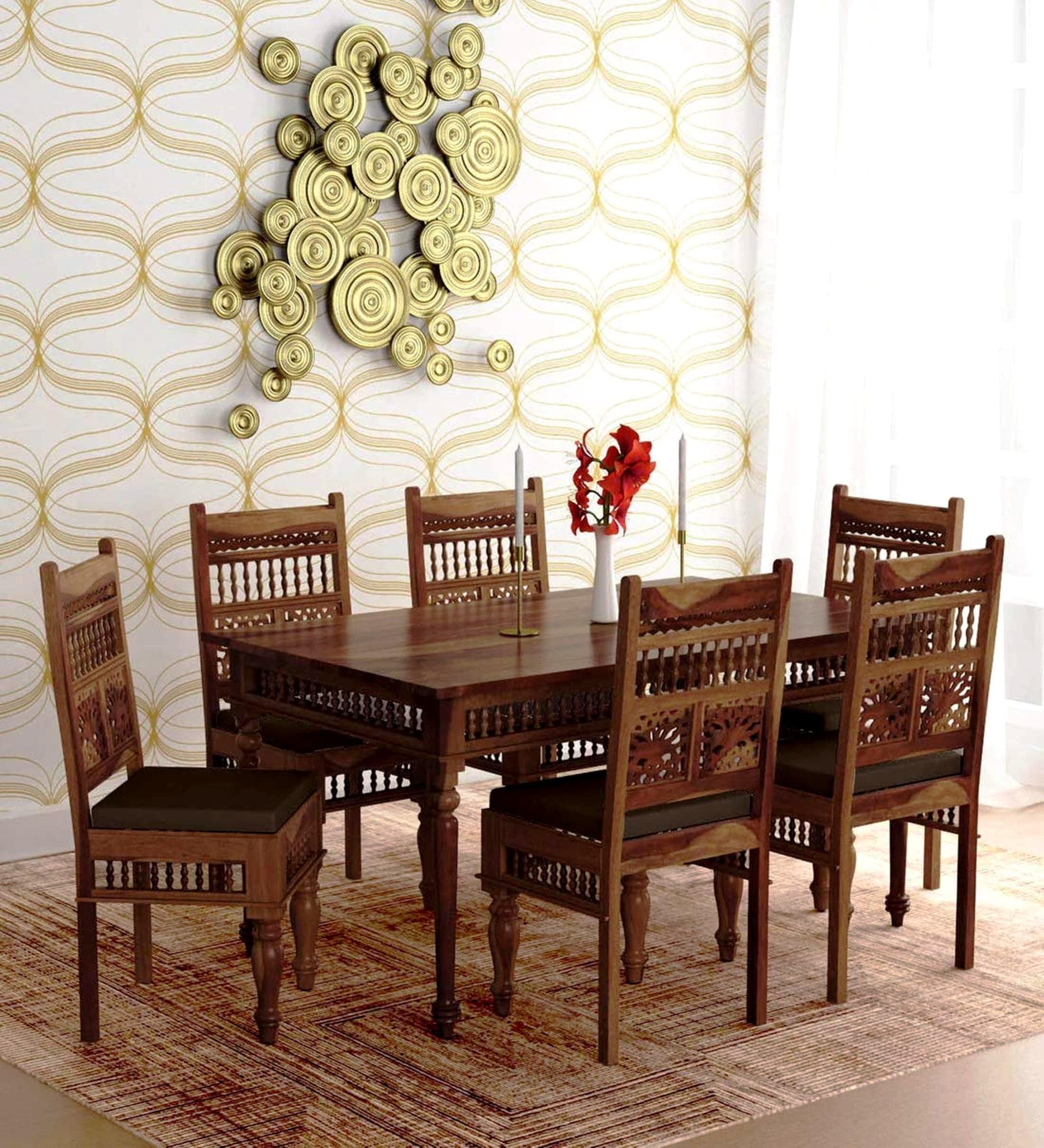 Jangid Handicraft Solid Sheesham Wood Traditional Dining Table 6 Seater | Wooden Six Seater Dinning Table with 6 Chairs for Home | Chairs with Cushion | Dining Room Sets for Restaurants | Natural