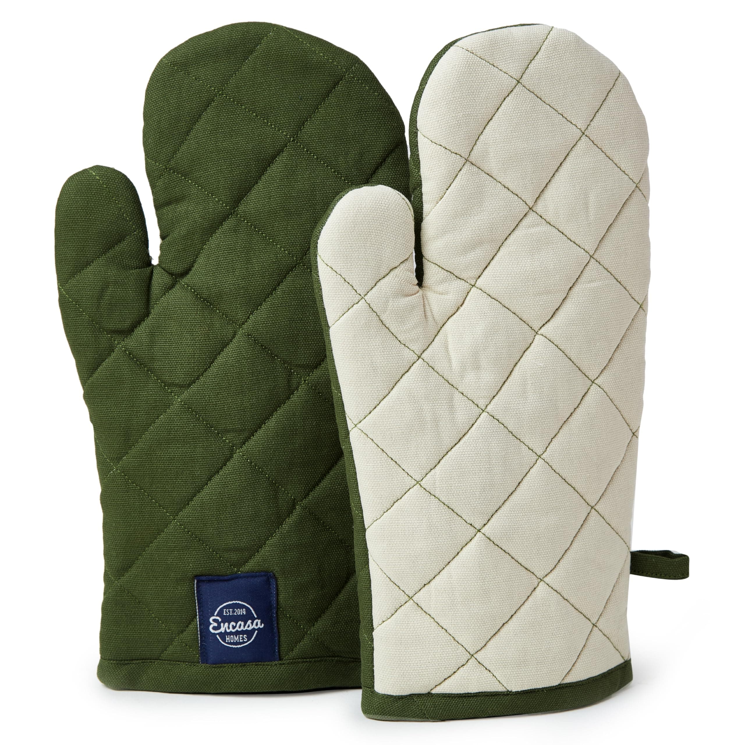 Encasa XO Oven Gloves Heat Proof, Quilted Kitchen Mitts Green | Soft Breathable Cotton | Heat Proof 230°C | Extended Cuff Protection | Hanging Loop | Machine Washable | Set of 2