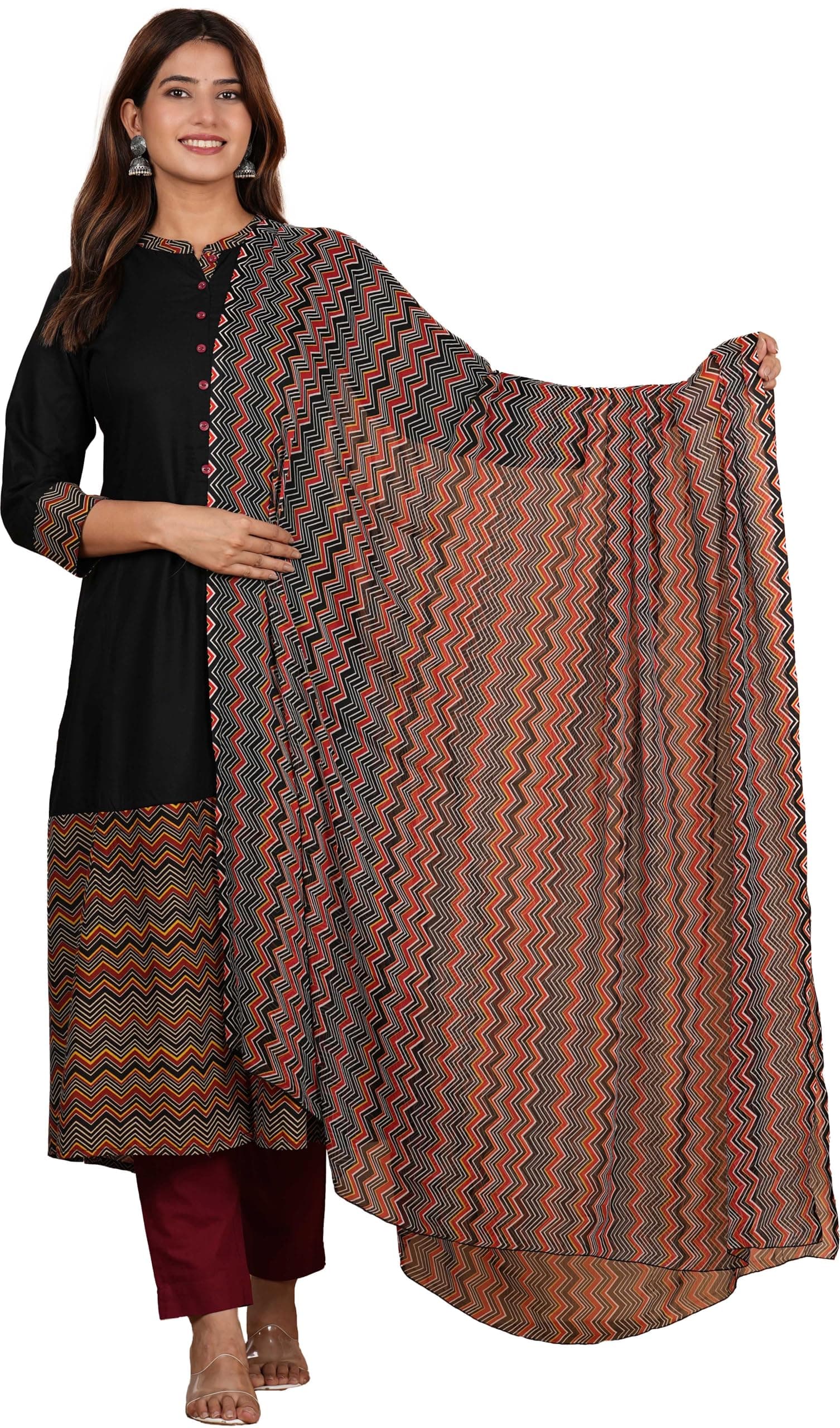 Yash Gallery Women's Cotton Relaxed Fit A Line Rayon & Cambric Zig-Zag Printed A-Line Kurta & Duptta