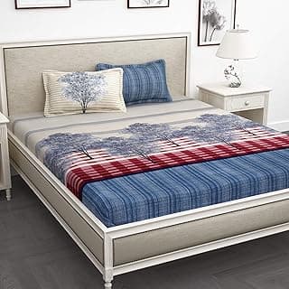 Story@Home Bedsheet for King Size Bed Fine Cotton Luxurious Soft Comfort Tree Pattern King Size Bedsheet & 2 Pillow Covers - (270 X 270 Cm) Blue & Cream | Perfect for Diwali Gifting-260 TC
