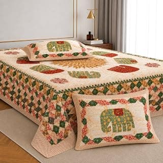 Jaipur Weaves Jaipuri Cotton King Size Bedsheet 108x108 Super King, 144 TC 100% Pure Cotton Double Bed Sheet with 2 Pillow Covers, Royal Elephants Traditional Print – (Royal Elephants Green)
