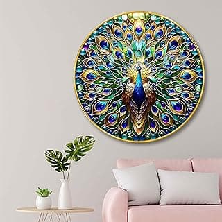 Livin'luxe Vibrant Peacock Round Wall Art | Sparkle lamination MDF Panel with Golden Premium PVC Frame | Multicolor Luxury Wall Decor | Modern Art Frame for Home Decoration and Gifting (23 x 23 Inch) GR-305