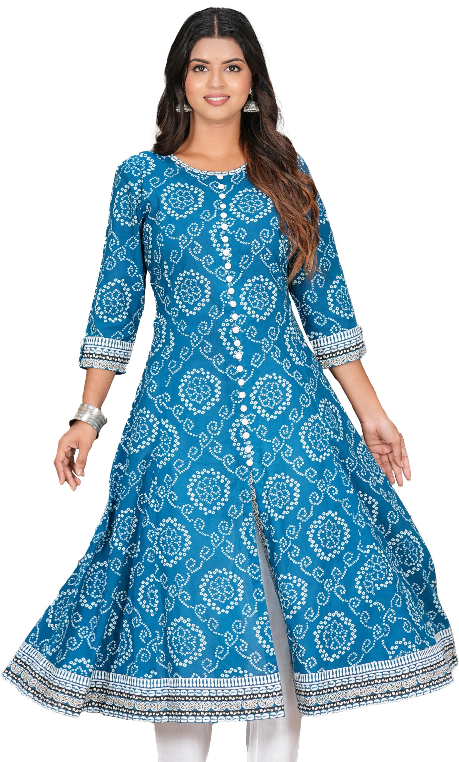Yash Gallery Women's Plus Size Cotton Bandhej Printed Anarkali Kurta