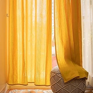 RANGBHAR Cotton Door Curtains | 7 Feet Long Set of 2 | Pure Handloom Light Filtering Fabric | Eyelet Curtains for Living Room & Bedroom | Solid Yellow