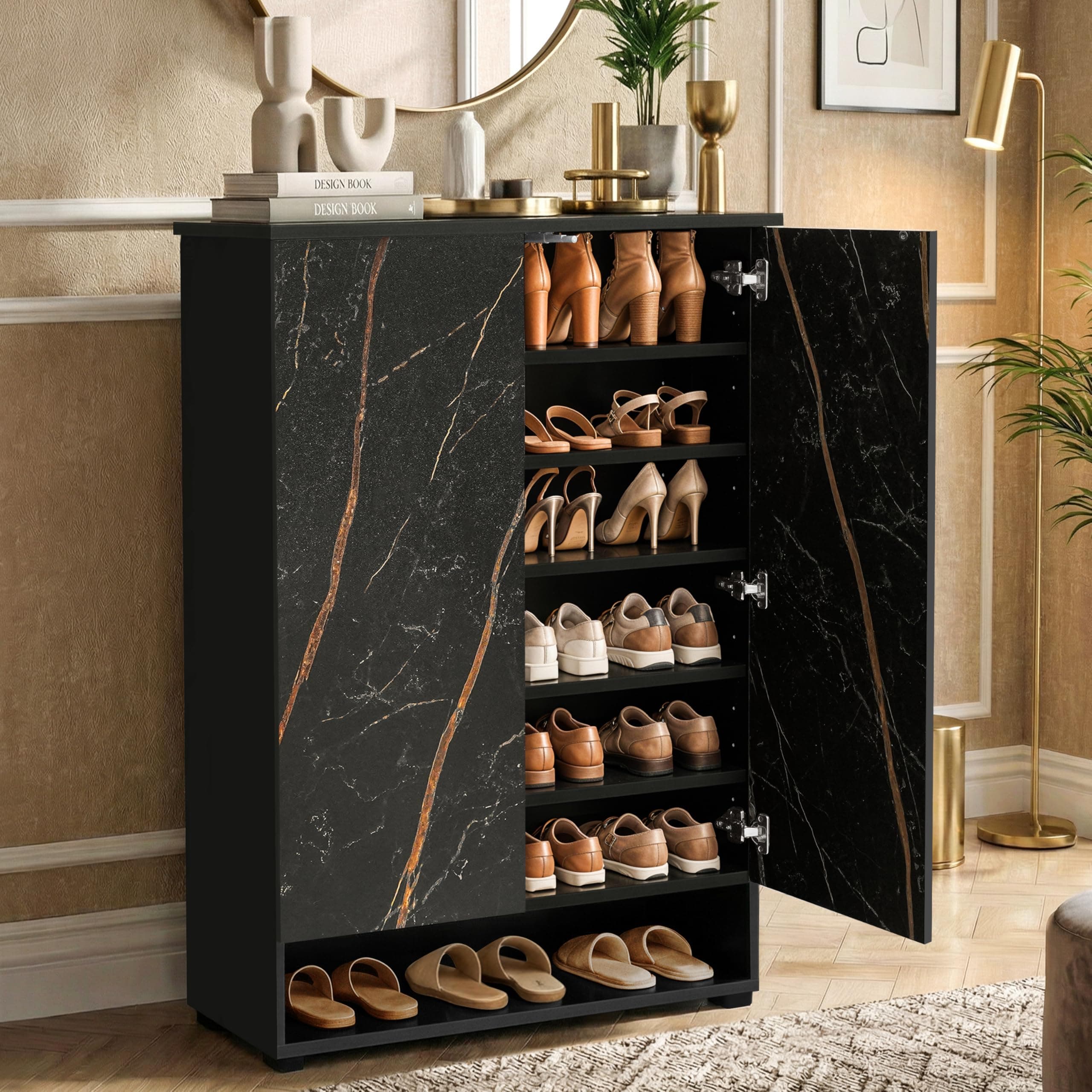 ABOUT SPACE Shoe Cabinet - 7 Tier Shoe Rack with Door & Open Bottom Storage|Press Open 2 Door Engineered Wood Shoes Stand for Home | Adjustable Shelf Raised Legs 21-25 Pair | Black & Black Marble