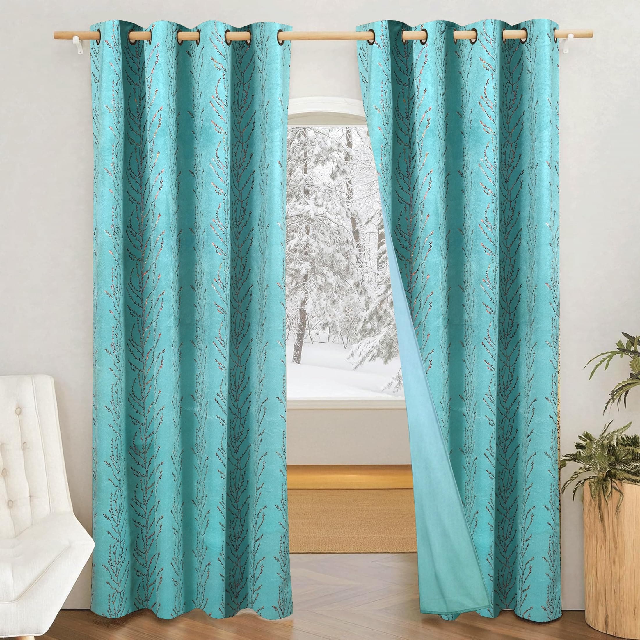 Amazon Brand - Solimo Polyester 75% Blackout Velvet Foil Long Door Curtains|Blackout Door Curtains|9 Feet |Set of 2|Leaf Print Design |for Living Room Kids Room and Bedroom |Blue|Light-Filtering