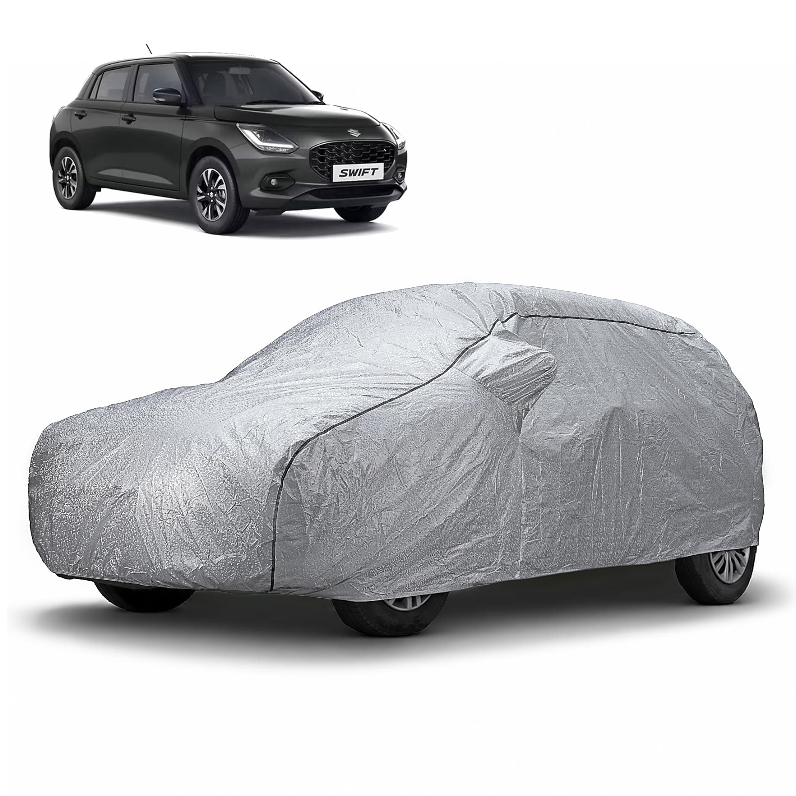Amazon Basics 100% Waterproof Car Body Cover for Maruti Suzuki Swift (All Models), 100% Waterproof, Dustproof, UV Protection, Scratch Resistant, Custom Fit with Mirror Pockets, Triple Stitched, Silver