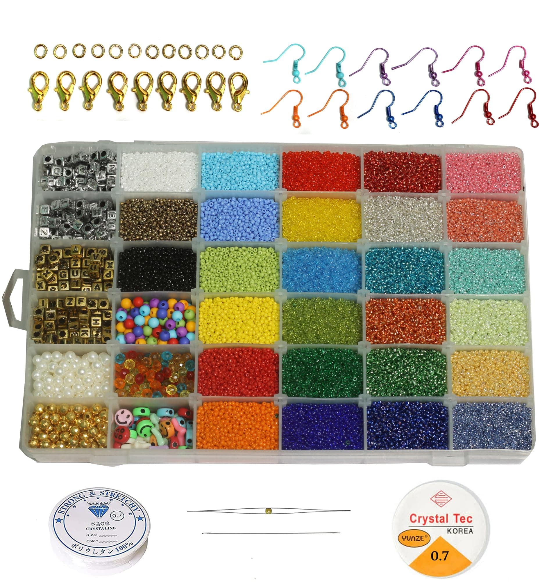 JAUNTY Beadsnfashion 36 Grid Cells Glass Seed Beads, Pearls, Acrylic and Alphabet Beads DIY Kit with Thread, Needle and Findings for Jewellery Making, Beading, Embroidery and Art and Crafts.